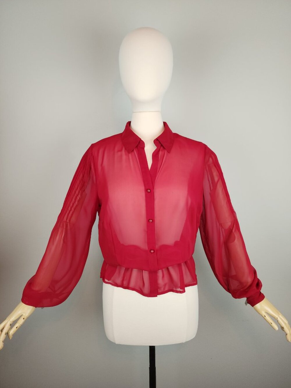 Sheer Red Long Sleeve Button Front Blouse w/ Pleated Sleeves Ladies sz Large